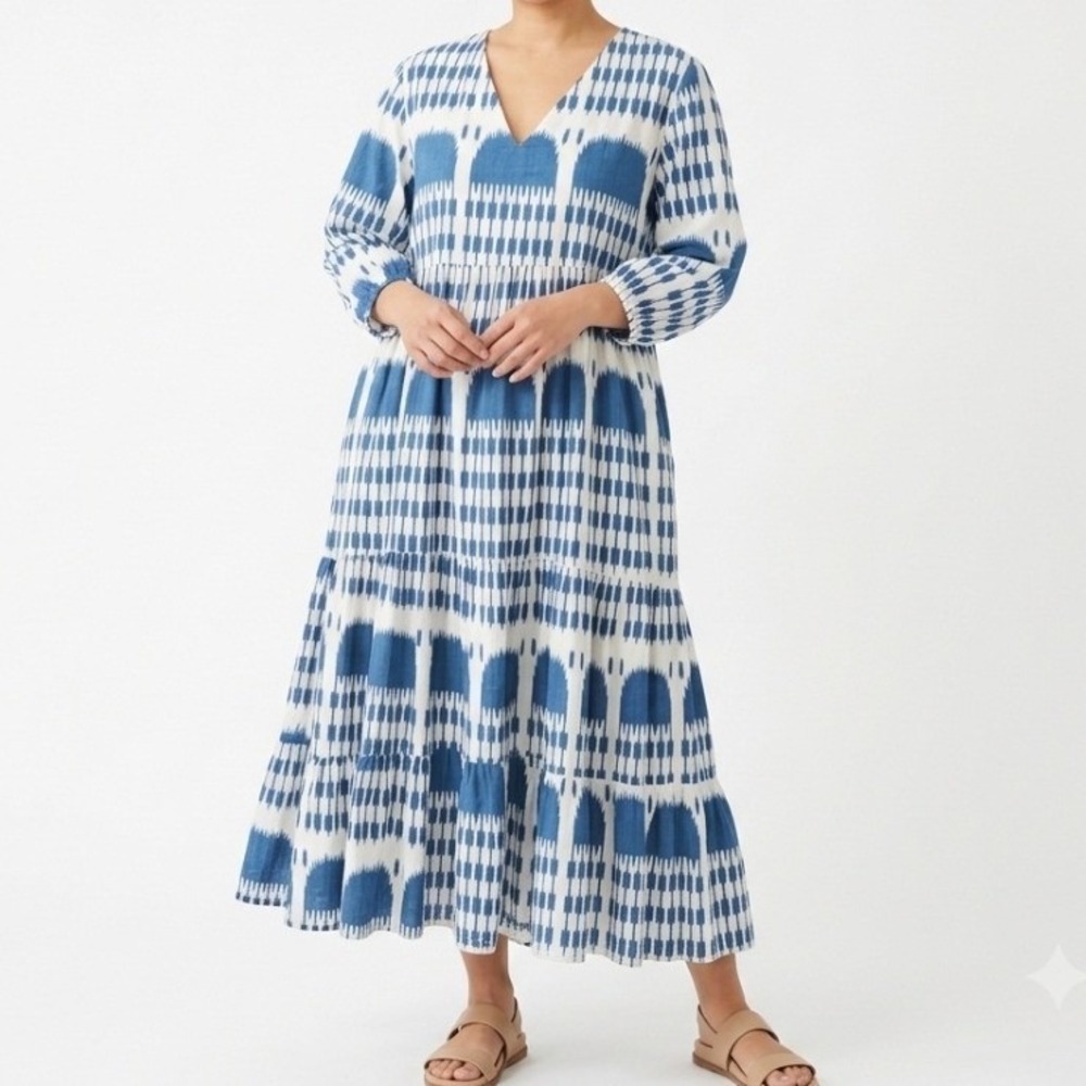 King + Pitt The Ferry Handmade Ikat Cotton Tiered Maxi Dress India Blue White L